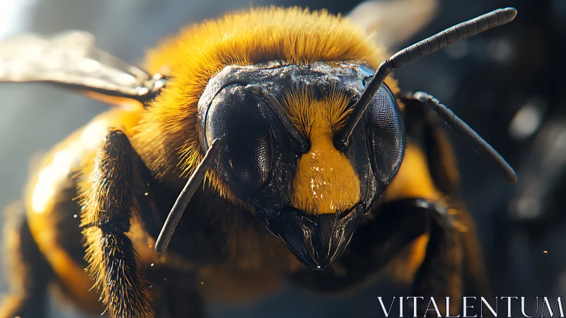 Extreme close-up of a detailed yellow and black bee head.