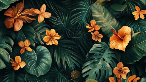 Lush tropical leaves cradle glowing orange jungle blossoms