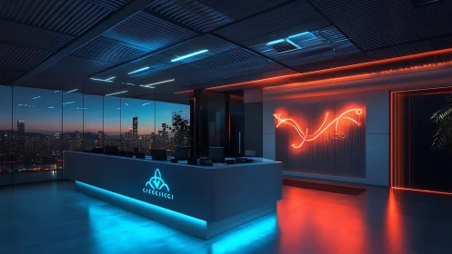 Futuristic office lobby with neon cyan and orange lighting scheme.
