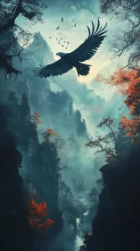 Soaring eagle above misty cliffs and glowing autumn forest.