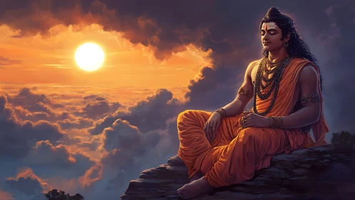 Sunlit ascetic meditates above stratocumulus cloud layer at dusk