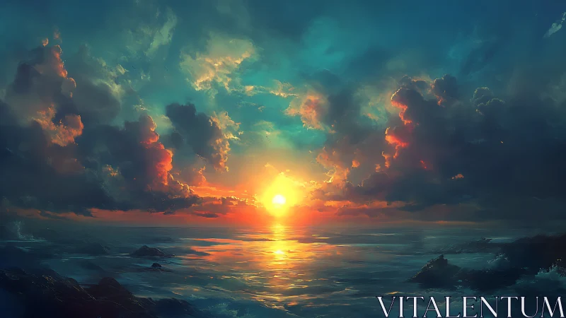 Spectral oceanic sunset with volumetric clouds and glare bloom.
