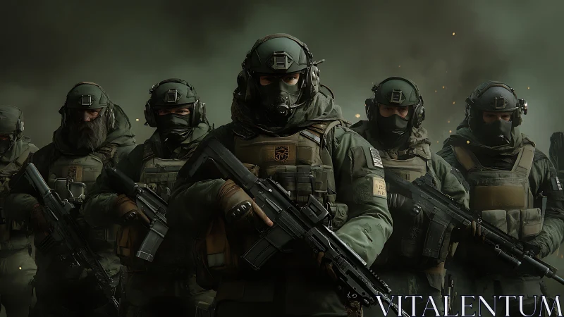 Grim tactical squad emerges from smoky battlefield hush.