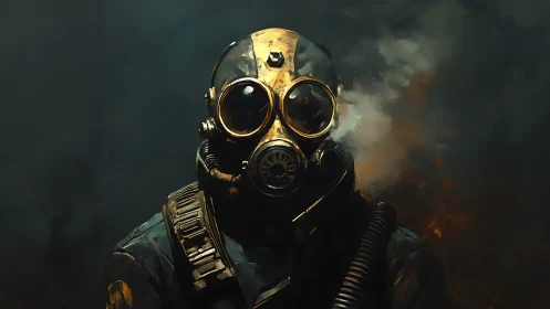 Post‑apocalyptic respirator operator in volatile smoke field.