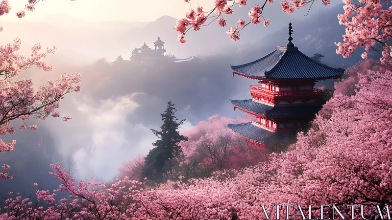 Misty mountain pagoda amid luminous cherry blossoms at dawn.