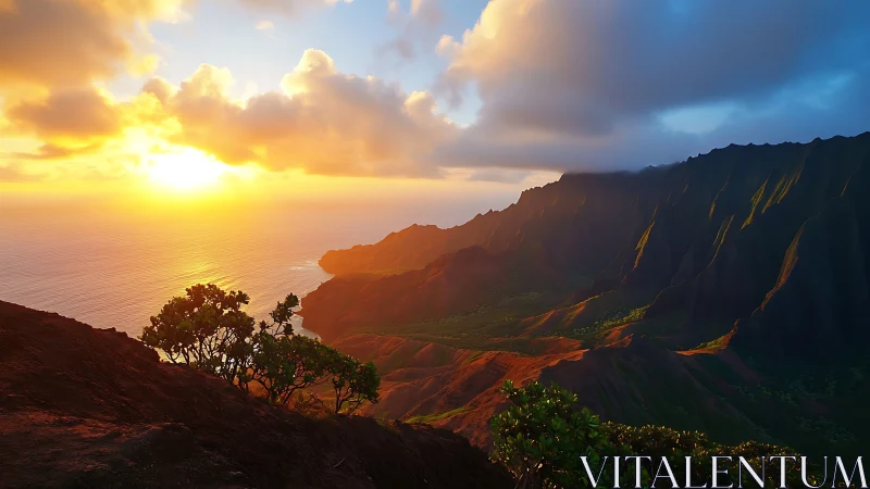 Sunset light rakes across rugged coastal cliffs and Pacific