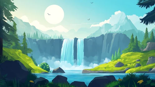 Sunlit mountain waterfall in stylized forest landscape.