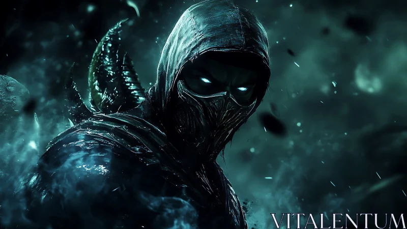 Hooded spectral assassin with bioluminescent eyes in icy vortex