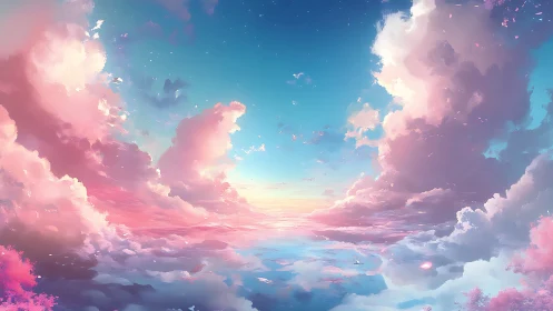 Dreamlike pastel sky opens over a tranquil cloud sea.