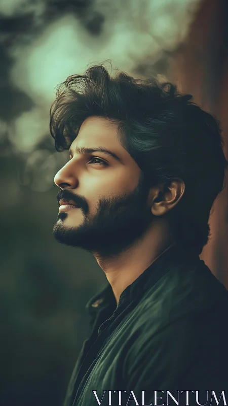 Pensive bearded man gazes upward in soft moody light