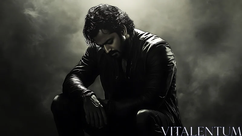 Moody low key portrait of pensive man in dramatic haze.