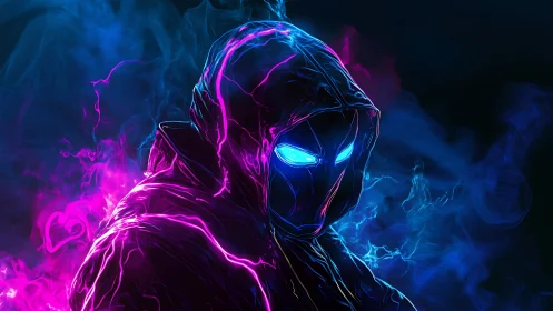 Neon hooded phantom radiates electric blue pink energy