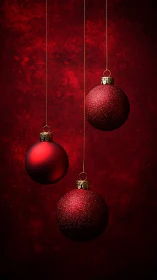 Three red Christmas baubles hang against textured backdrop
