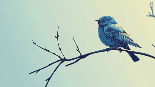 Blue Songbird on Bare Branch, Minimalist Digital Art Illustration.