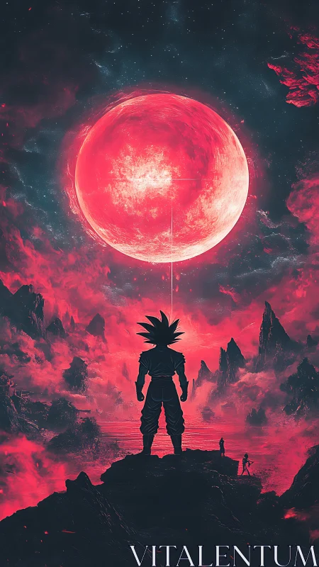 Silhouetted warrior under irradiated crimson astral sphere.