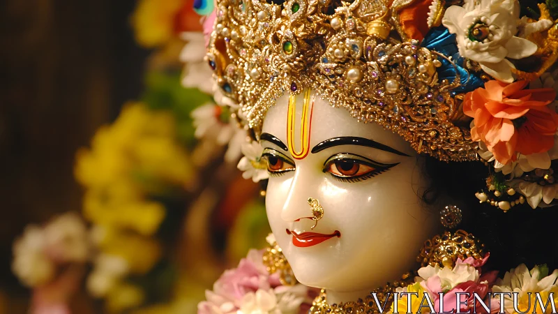 Divine deity sculpture crowned with jeweled floral headdress.