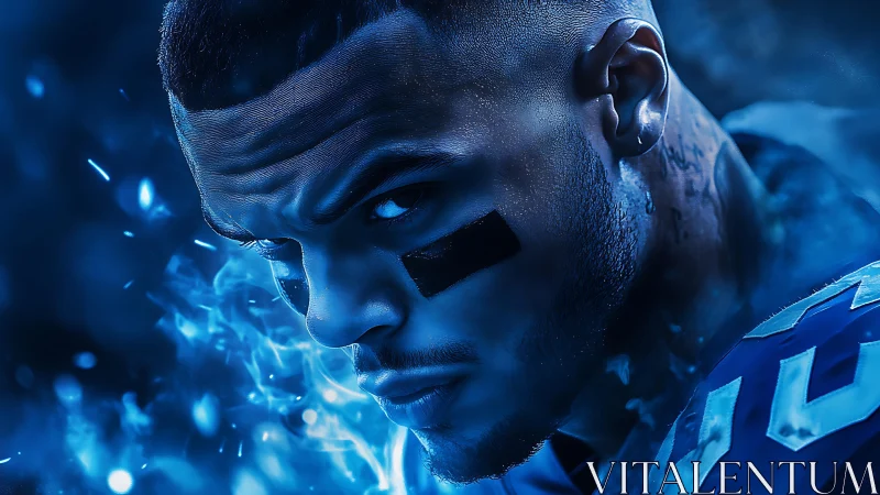 Blue-lit football warrior portrait with intense neon energy.