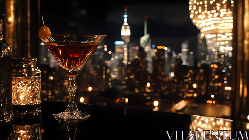 Cocktail at Night: Manhattan Skyline Through Rooftop Bar Glass