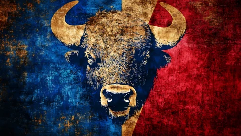 Bison of divided skies, staring down blue and crimson worlds.