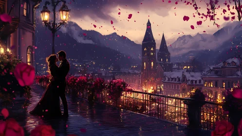 Romantic Alpine Castle Embrace at Twilight with Falling Rose Petals