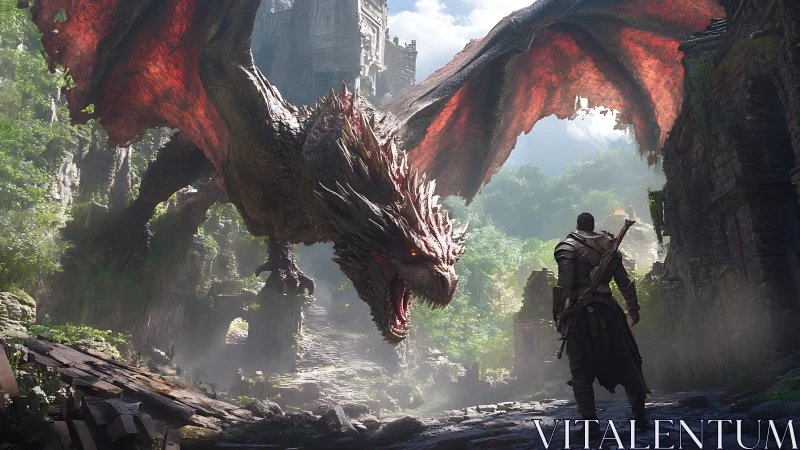 Warrior confronts colossal dragon in ruined jungle citadel.