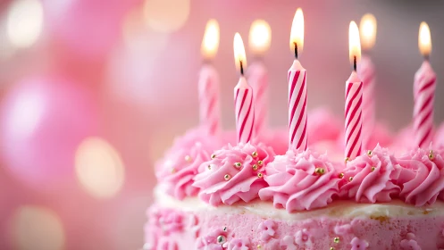 Pink Birthday Cake with Lit Candles and Bokeh Background.