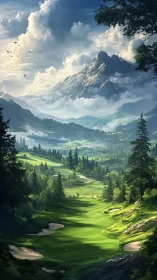 Mountain valley golf course under dramatic cloud-lit sky.