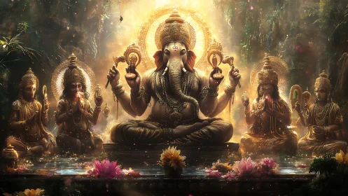 Ganesh seated in luminous lotus shrine, multi-armed deities aligned