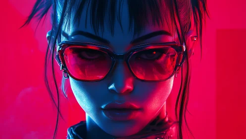 Cyberpunk neon portrait with red visor and hard rim lighting.