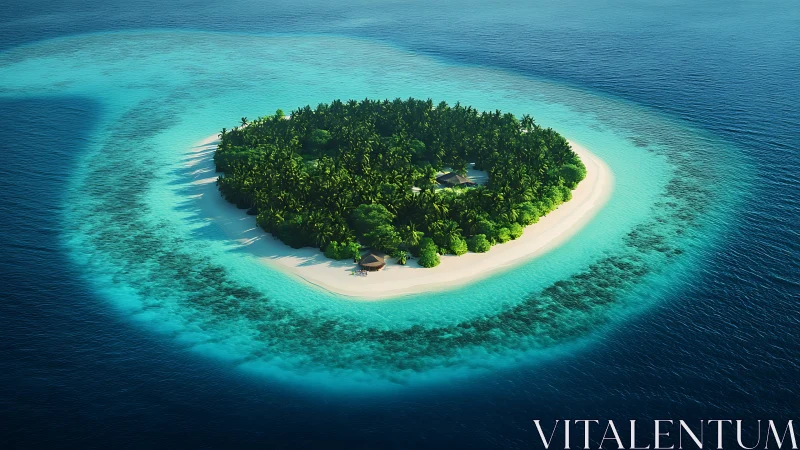 Tropical Island Atoll Surrounded by Turquoise Waters.