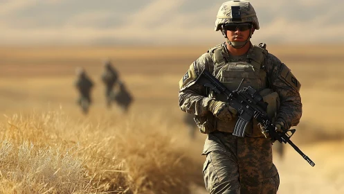 Modern infantry soldier advancing through arid field under shallow depth