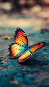 Prismatic street butterfly poised on a dreamlit mosaic path.