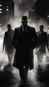Noir gangsters stride through rain-soaked urban alleyway.