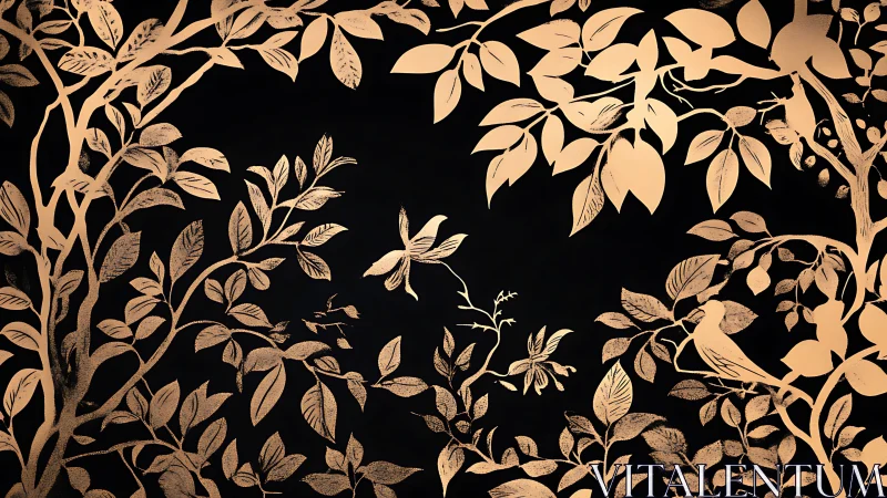 Golden forest whispers on deep midnight black canvas.