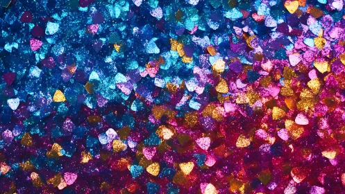 Heart confetti glitter field in vivid neon rainbow colors.