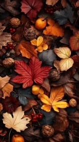 Autumn foliage flat lay with nuts, berries, and warm earth tones.