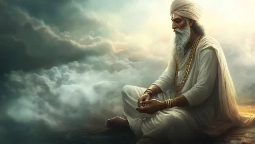 Elderly turbaned sage meditating in clouds, soft rim lighting