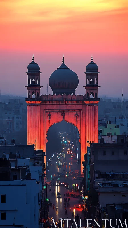Symmetrical Mughal gateway dominates a dusk city artery
