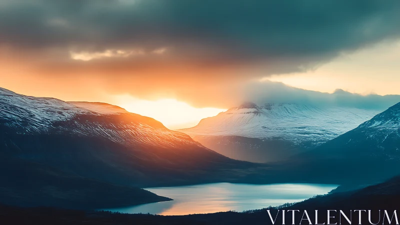 Sunrise cuts through glacial peaks above still alpine lake.