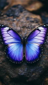 Iridescent blue butterfly on textured stone, shallow depth field.