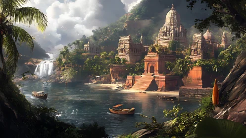 Riverside temple complex in lush tropical valley landscape.
