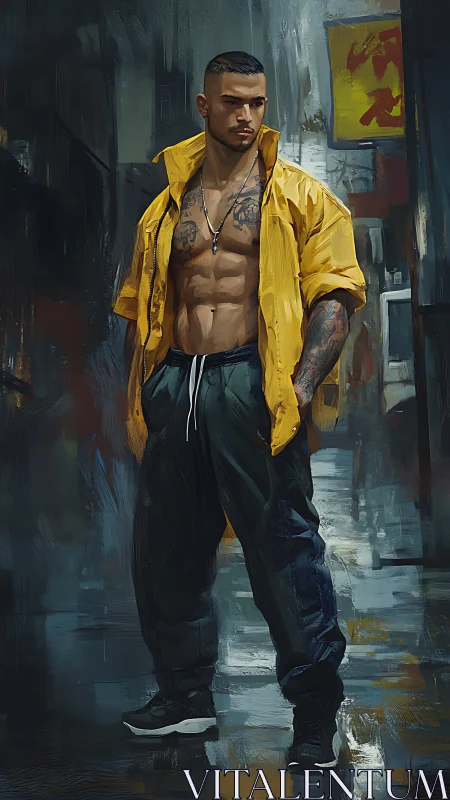 Streetlit thunderheart in yellow jacket and wet neon alley.