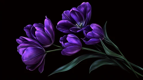 Purple Tulips Against Black: Elegant Digital Florals.