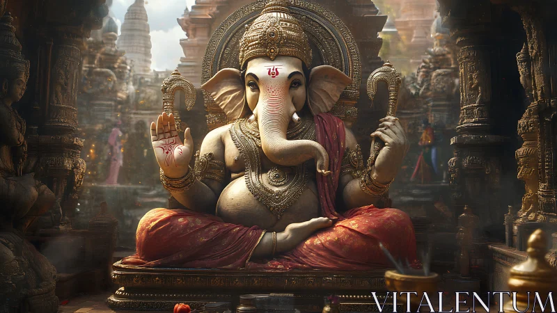 Sacred Ganesha idol radiates calm blessings in ornate temple