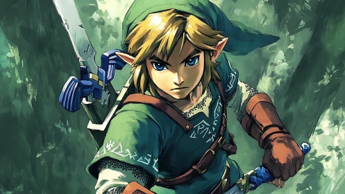 Heroic forest warrior steadies his sword with bold resolve