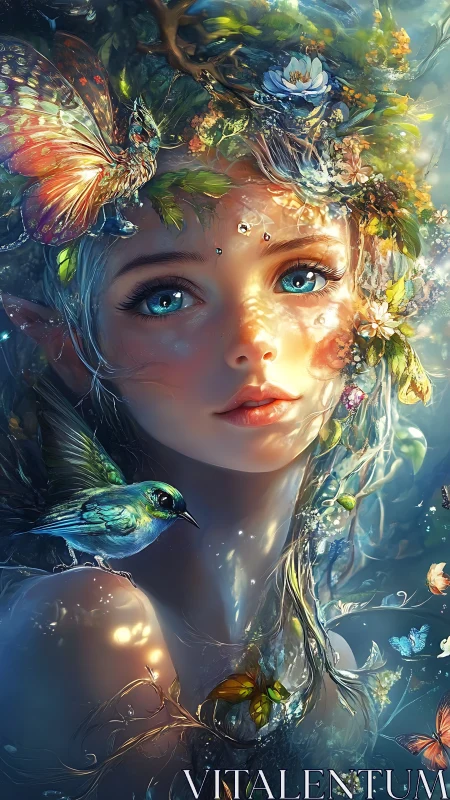 Fantasy forest nymph portrait with birds and butterflies.
