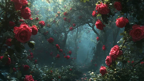 Enchanted Rose Garden: Luminescent Floral Corridor with Atmospheric Depth.