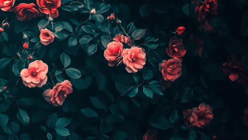 Red and Coral Roses Against Dark Teal Foliage in Low Light