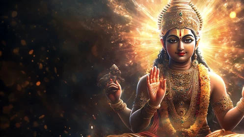 Hindu deity figure with radiating golden light and ornaments.