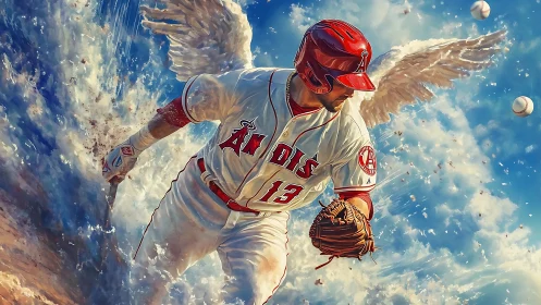 Baseball player with wings running through clouds in motion.
